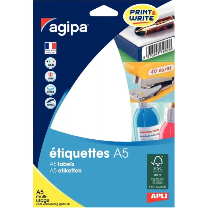 Etui de 96 étiquettes de bureau blanches, format 45x80 mm 114022 AGIPA