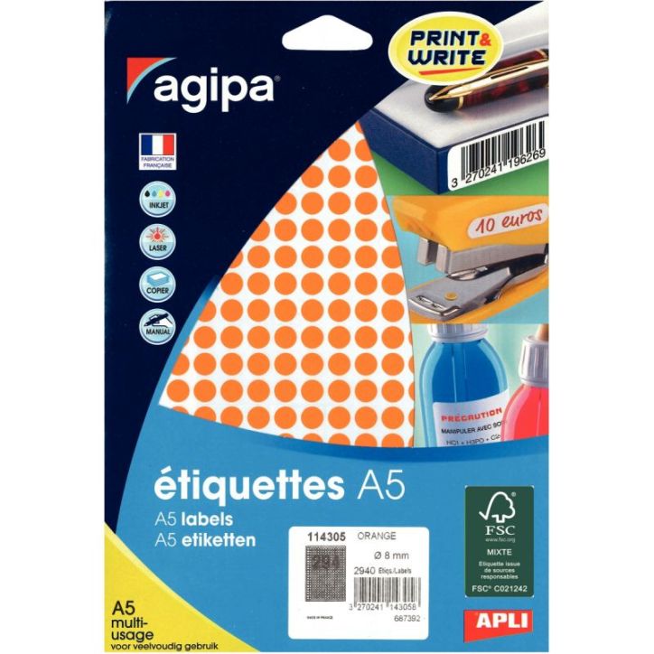 Etui de 2940 pastilles adhésives diamètre 8 mm orange 114305 AGIPA