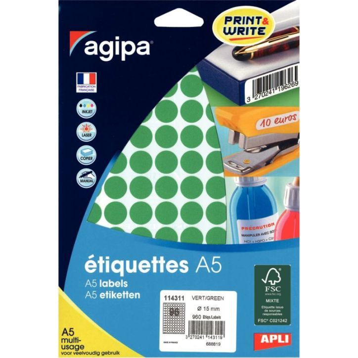 Etui de 960 pastilles adhésives diamètre 15 mm vert 114311 AGIPA
