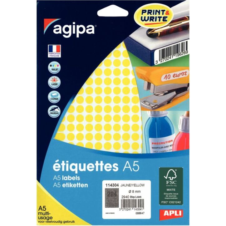 Etui de 2940 pastilles adhésives diamètre 8 mm jaune 114304 AGIPA