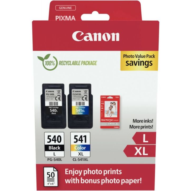 Lot de 2 cartouches jet d'encre à  la marque Canon PG540L / CL541XL noir et couleurs haute capacité + 50 feui