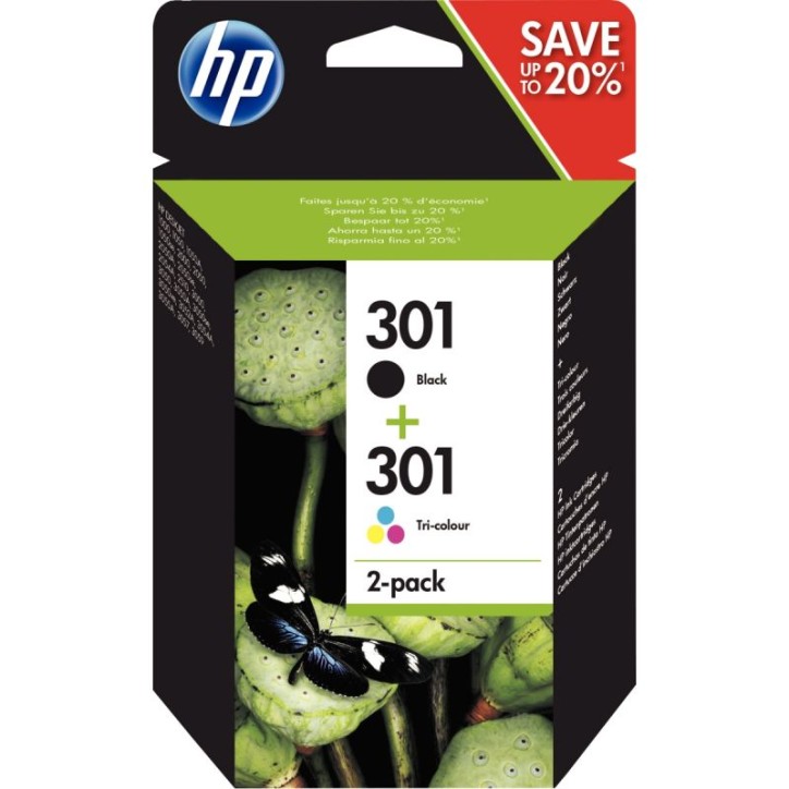HP 301 Pack de 2 Cartouches d'Encre Noire et Trois Couleurs Authentiques (N9J72AE)