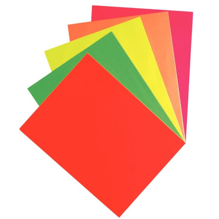 Paquet de 50 feuilles affiche fluo 90 g format 21x29,7cm 5 couleurs assorties : vert, rouge, jaune, rose, oran