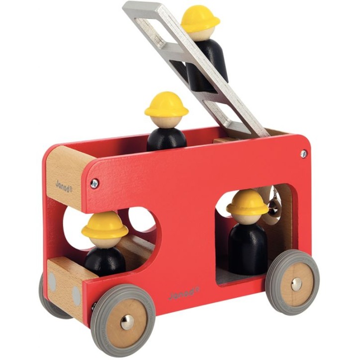 Camion de pompiers en bois avec 4 pompiers J04632 JANOD