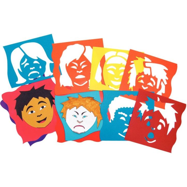 Lot de 6 pochoirs en plastique, les émotions du visage 1314693