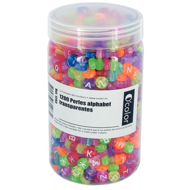 Bocal de 1 200 perles lettre de l'alphabet transparentes assortis 72266