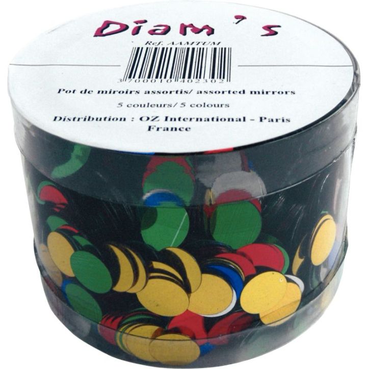 Pot de 5000 miroirs en plastique. Diamètre 1 cm 5 couleurs assorties : argent, or, violet, bleu, rouge et ver(...)