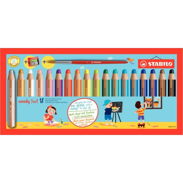 Etui de 18 crayons de couleur Woody + 1 taille-crayon + 1 pinceau 880/18-3 STABILO