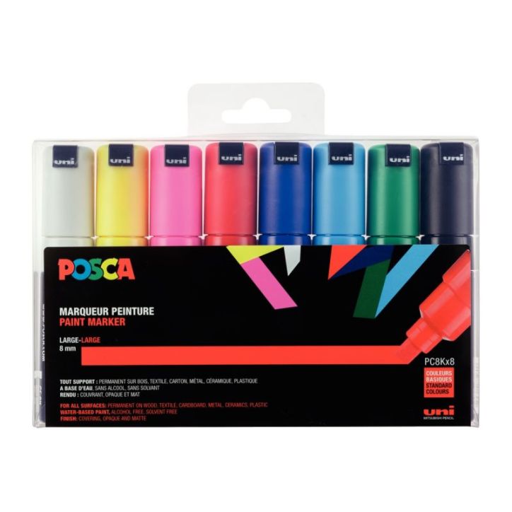 Pochette de 8 marqueurs pointe large biseautée 8 mm couleurs assorties PC8K/8 POSCA UNIBALL