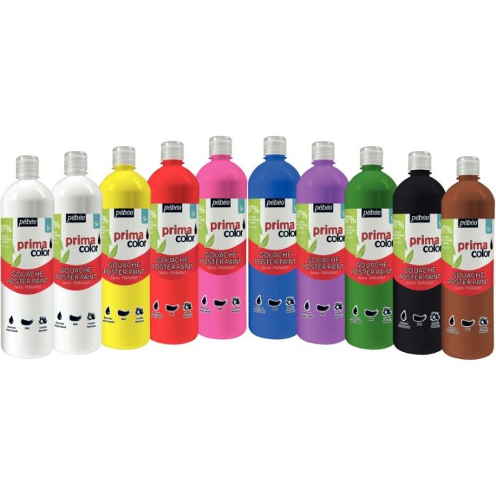 Lot de 10 flacons 1L de gouache PRIMACOLOR, couleurs assorties 075299 PRIMA COLO PEBEO