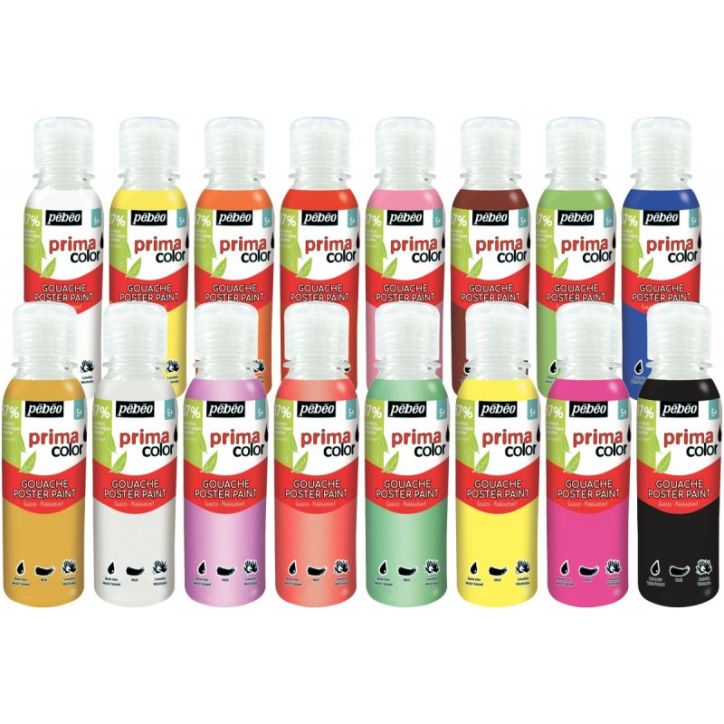 Carton de 16 flacons 150ml de gouache PRIMACOLOR, couleurs assorties 075593 PRIMA COLO PEBEO