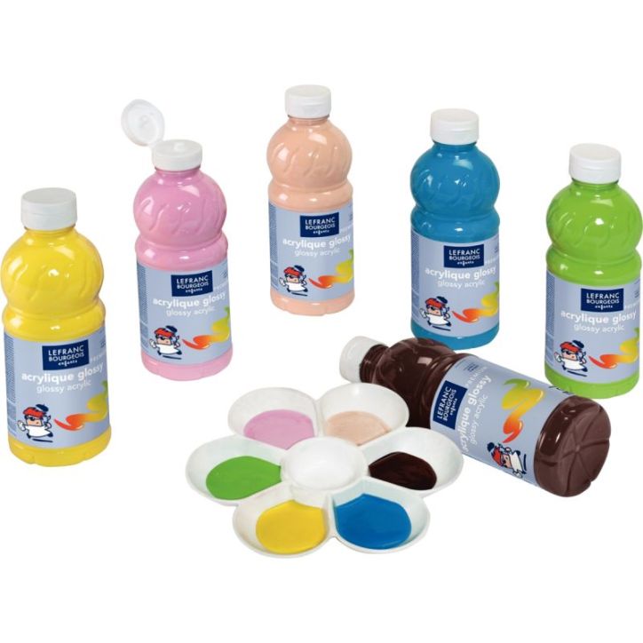 Carton de 6 flacons 500ml d'acrylique Glossy Lefranc Bourgeois, couleurs vitaminées assorties 188149 COLOR AN(...)
