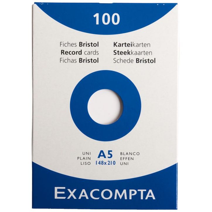 EXACOMPTA Etui de 100 fiches bristol non perforées 148x210mm (A5) unies Blanc