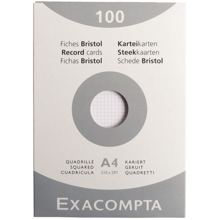 EXACOMPTA Etui de 100 fiches bristol non perforées 210x297mm (A4) quadrillées 5x5 Blanc