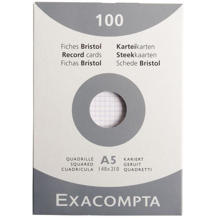 EXACOMPTA Etui de 100 fiches bristol non perforées 148x210mm (A5) quadrillées 5x5 Blanc