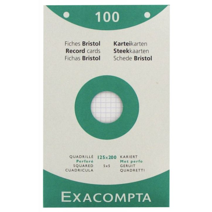 EXACOMPTA Etui de 100 fiches bristol perforées 125x200mm quadrillées 5x5 Blanc