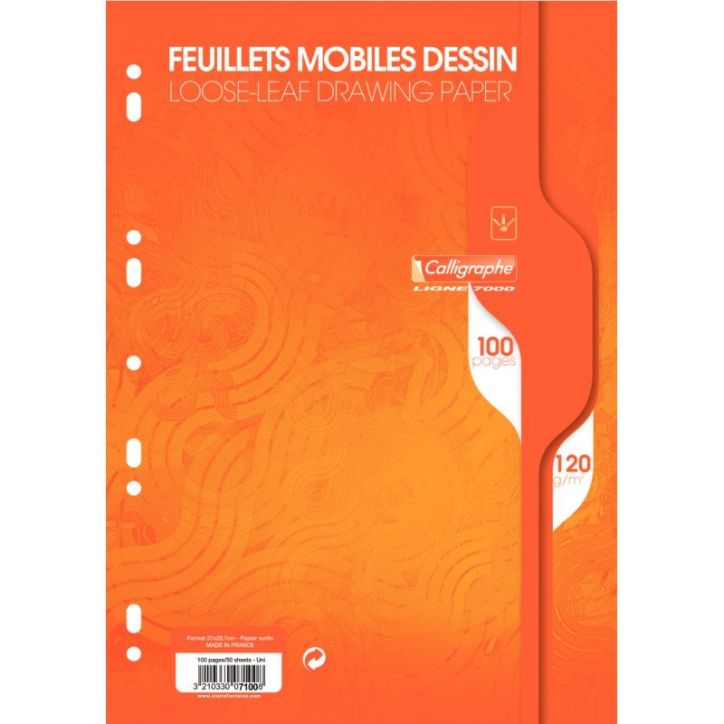 Sachet 50 feuillets mobiles dessin (100 pages) format 21x29,7 cm 120g uni blanc 7100C