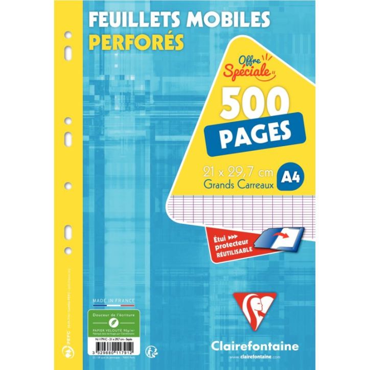Etui de 500 pages ou 250 feuillets mobiles format A4 séyès 90g 11791C CLAIREFONTAINE