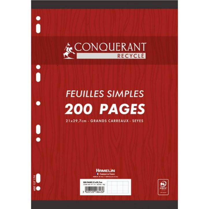 Paquet de 100 feuillets mobiles perforés, format A4, papier 90g recyclé, seyès 400157174 HAMELIN