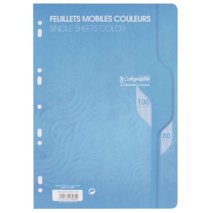 Sachet de 50 feuillets mobiles (100 pages) format 21x29,7cm séyès 80g coloris bleu 7962C