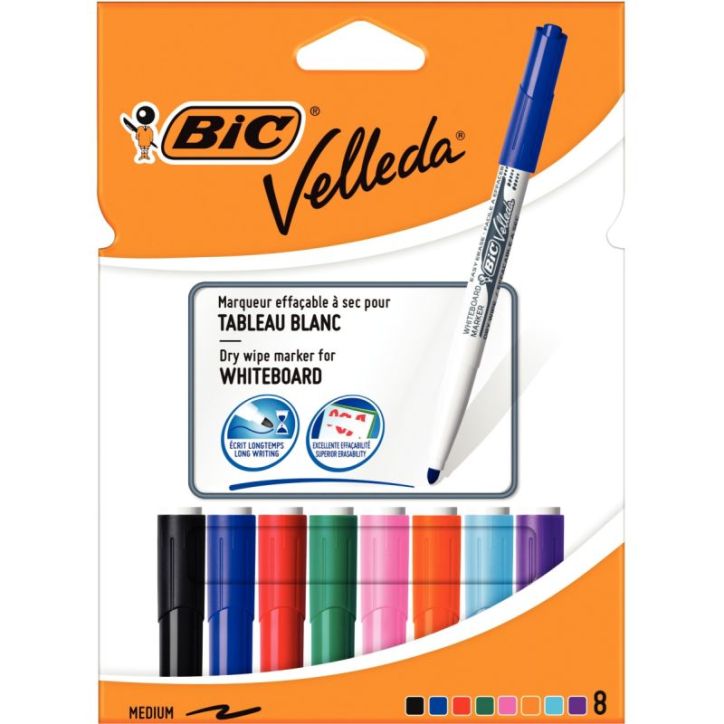 BIC Velleda 1741 Feutres pour Tableau Blanc Effaçables à  Sec, Pte Conique Moy - Assortis, Etui Cartn de 8