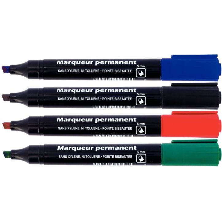 Blister de 4 marqueurs permanents pointe biseautée 5mm assortis 28204